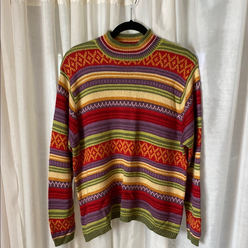 Cozy Red and Green Cowl Neck Sweater with Nordic Patterns